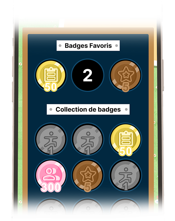 Captures d'écran des badges de récompense à débloquer dans l'application mobile MATVISIO Omnes.